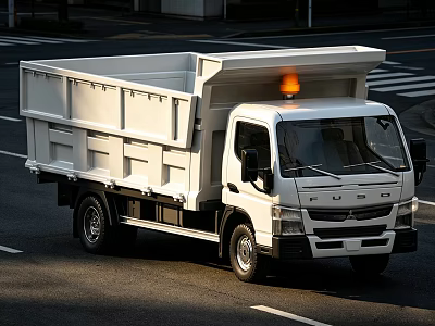 White UD Dump Truck With Orange Warning Light Driving On Road 3d model
