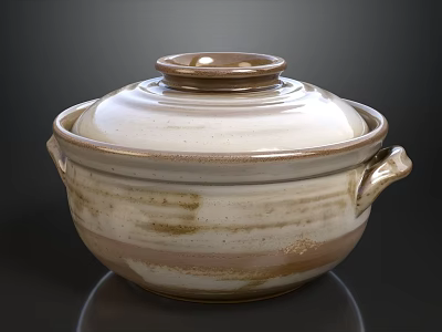 Traditional Ceramic Cooking Pot With Lid And Two Side Handles In White Brown Tone 3d model