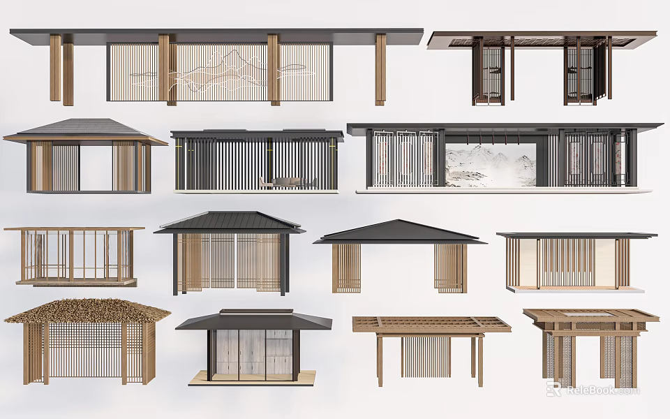 Traditional Eastern Style Architectural Structures with Various Roof Designs Wooden Frames and Lattice Details 3d model 