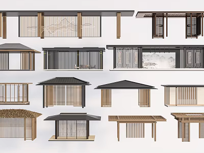 Traditional Eastern Style Architectural Structures with Various Roof Designs Wooden Frames and Lattice Details 3d model