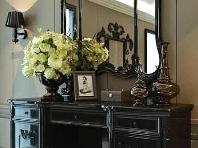 Black Dressing Table With White And Green Flowers Vase Photo Frame And Mirror 3d model