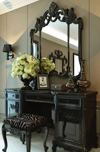 Black Dressing Table With White And Green Flowers Vase Photo Frame And Mirror 3d model