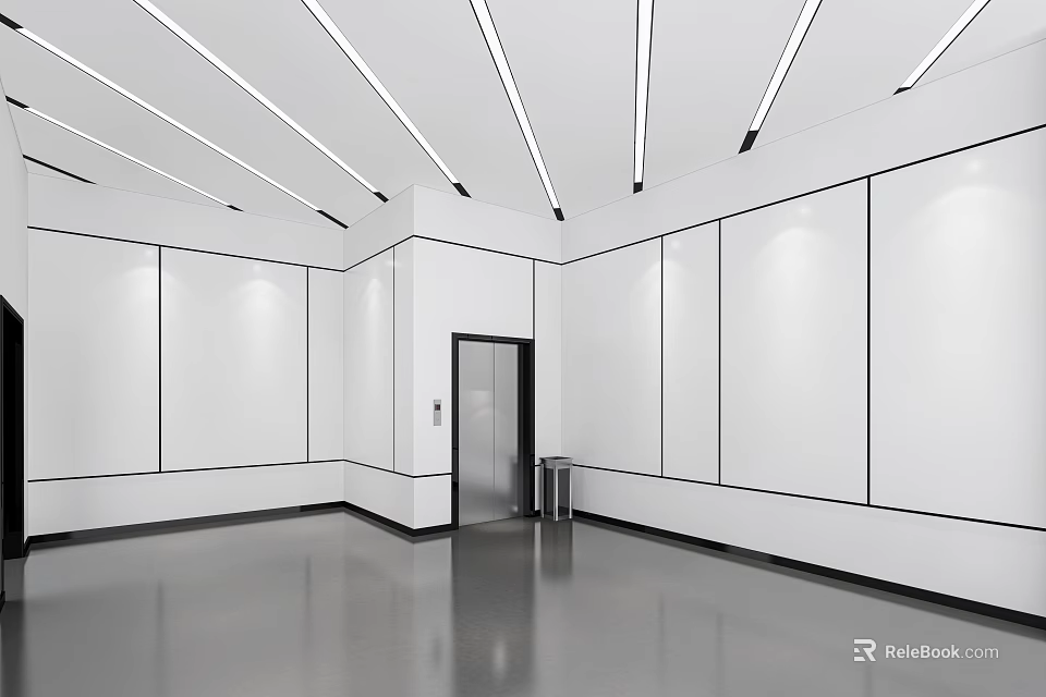 Modern Elevator Hallway Interior Design With White Walls Ceiling Light Strips And Polished Floor 3d model