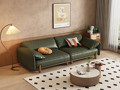 Green Leather Two Seater Sofa With Floor Lamp Wall Art Coffee Table And Orange Pillows 3d model