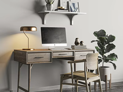 Modern Wooden Desk With Computer Table Lamp Books And Shelf Nearby Chair And Large Plant 3d model