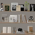 Curated Books Magazines On Shelves With Open Book Plant And Camera Decor