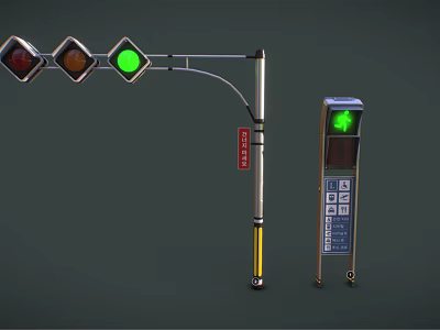 Outdoor Traffic Light With Green Light And Pedestrian Button Control Box On Pole 3d model