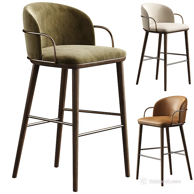 Stylish Bar Stools In Green Beige Brown With Velvet Leather And Wooden Legs 3d model 