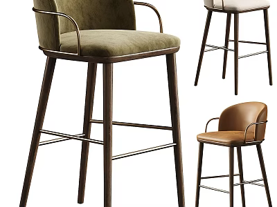 Stylish Bar Stools In Green Beige Brown With Velvet Leather And Wooden Legs 3d model