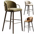 Stylish Bar Stools In Green Beige Brown With Velvet Leather And Wooden Legs