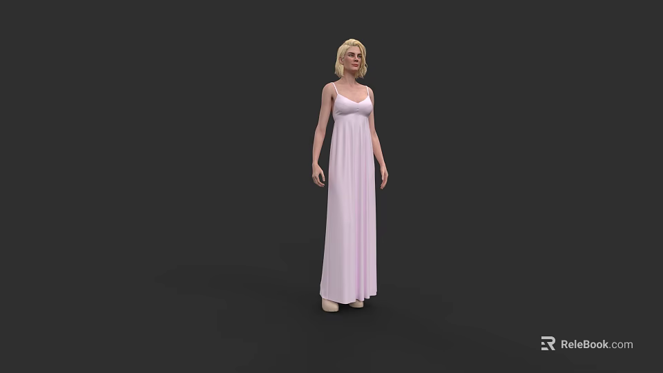 Elegant Pink Spaghetti Strap Long Dress with Flowy Design Worn by Blonde Woman 3d model 
