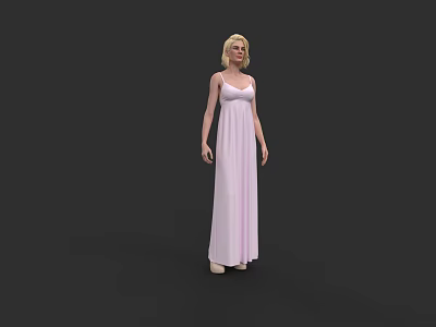 Elegant Pink Spaghetti Strap Long Dress with Flowy Design Worn by Blonde Woman 3d model
