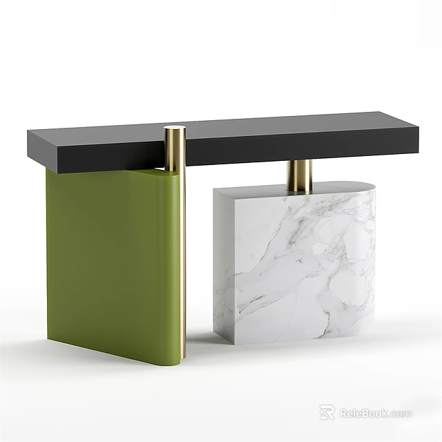 Modern Console Table with Black Tabletop Green and White Marble Bases and Metal Accents 3d model 