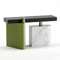 Modern Console Table with Black Tabletop Green and White Marble Bases and Metal Accents