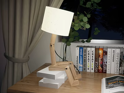 Wooden Table Lamp On Stacked Books With Green Plant Bookshelf And Curtain 3d model