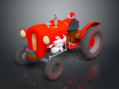 Red Vintage Cartoon Style Tractor Model With Large Wheels And Yellow Headlights 3d model