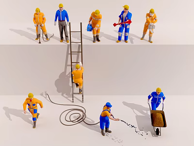 Workers Team Engaged In Various Construction Tasks With Ladder Wheelbarrow And Tools 3d model