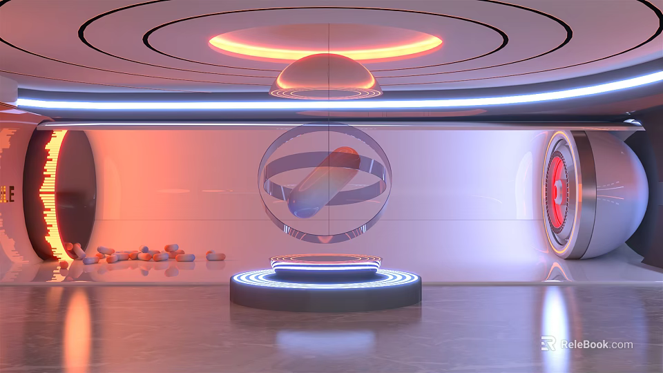Modern Exhibition Hall With Circular Ceiling Orange Blue Lighting Floating Transparent Sphere And Illuminated Platform 3d model 