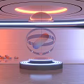 Modern Exhibition Hall With Circular Ceiling Orange Blue Lighting Floating Transparent Sphere And Illuminated Platform