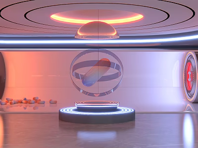 Modern Exhibition Hall With Circular Ceiling Orange Blue Lighting Floating Transparent Sphere And Illuminated Platform 3d model
