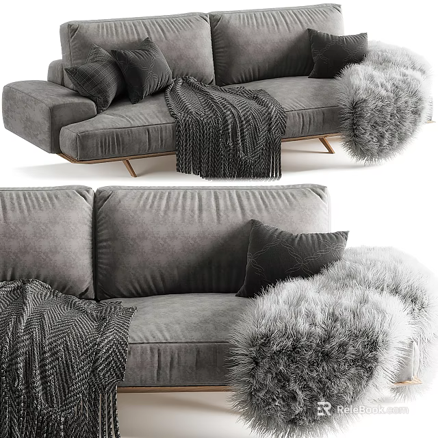 Cozy Grey Velvet Two-Seater Sofa With Black Pillows Soft Fur Throw And Knitted Blanket 3d model 