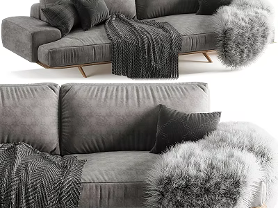 Cozy Grey Velvet Two-Seater Sofa With Black Pillows Soft Fur Throw And Knitted Blanket 3d model