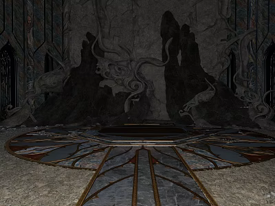 Mystical Stone Hall Interior With Carved Decorations Central Platform And Intricate Floor Patterns 3d model