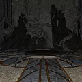 Mystical Stone Hall Interior With Carved Decorations Central Platform And Intricate Floor Patterns