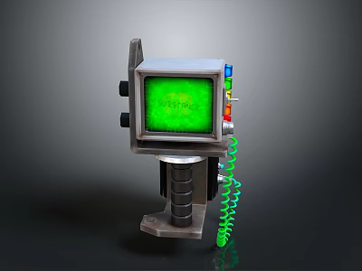 Vintage Industrial Equipment Console With Green Screen Colorful Buttons And Green Coiled Cable 3d model