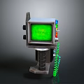 Vintage Industrial Equipment Console With Green Screen Colorful Buttons And Green Coiled Cable