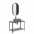 Modern Washbasin Vanity With Stone Basin Wooden Countertop Metal Frame And Oval Mirror