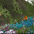 Colorful Night Plant Decorations With Blue Orange Pink Flowers Leaves Glowing Elements Mountain Wall Background