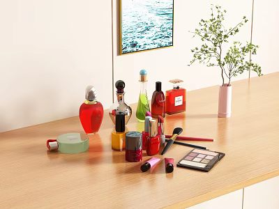 Stylish Wooden Table With Colorful Perfume Bottles Cosmetics Lipsticks Makeup Brushes And Eyeshadow Palette 3d model