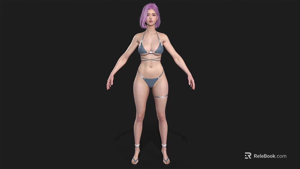 Stylish Woman With Purple Hair Wearing Blue Bikini And Ankle Straps 3d model 