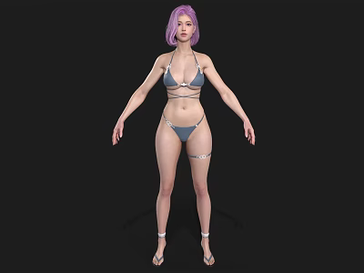 Stylish Woman With Purple Hair Wearing Blue Bikini And Ankle Straps 3d model