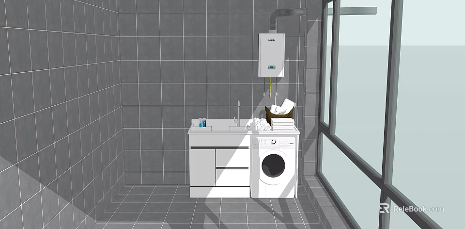 Modern Bathroom Washbasin With White Cabinet And Washing Machine Grey Tiled Walls 3d model 