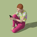 Red Haired Woman In Colorful Top And Purple Leggings Sitting On Brick Pavement Using Smartphone