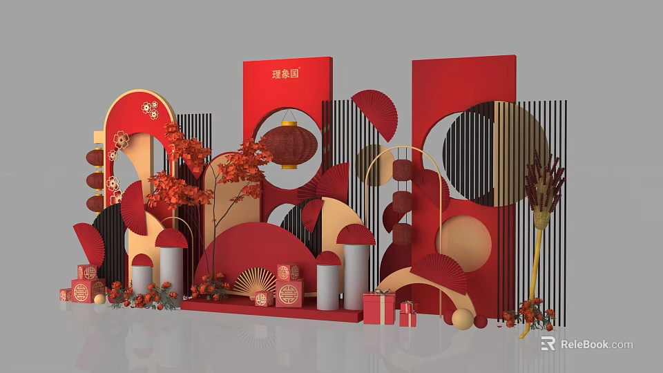 Red Chinese Style Decorative Photo Check In Spot With Lanterns Fans And Geometric Elements 3d model 