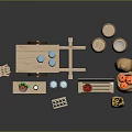 Rustic Market Display Components With Wooden Cart Crates Blue Jars Barrels Sacks And Produce