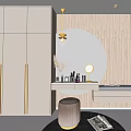 Modern Dressing Table With Circular Mirror Golden Handle Cabinets And Cosmetics On Soft Stool 3d model