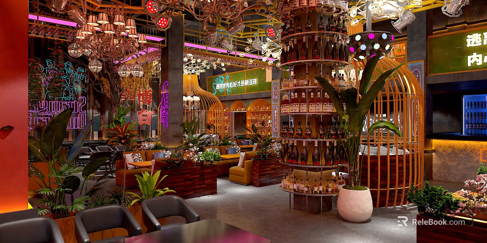 Luxurious Restaurant Interior With Ornate Chandeliers Green Plants Wine Racks And Cozy Seating Areas 3d model 