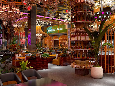 Luxurious Restaurant Interior With Ornate Chandeliers Green Plants Wine Racks And Cozy Seating Areas 3d model