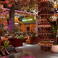 Luxurious Restaurant Interior With Ornate Chandeliers Green Plants Wine Racks And Cozy Seating Areas