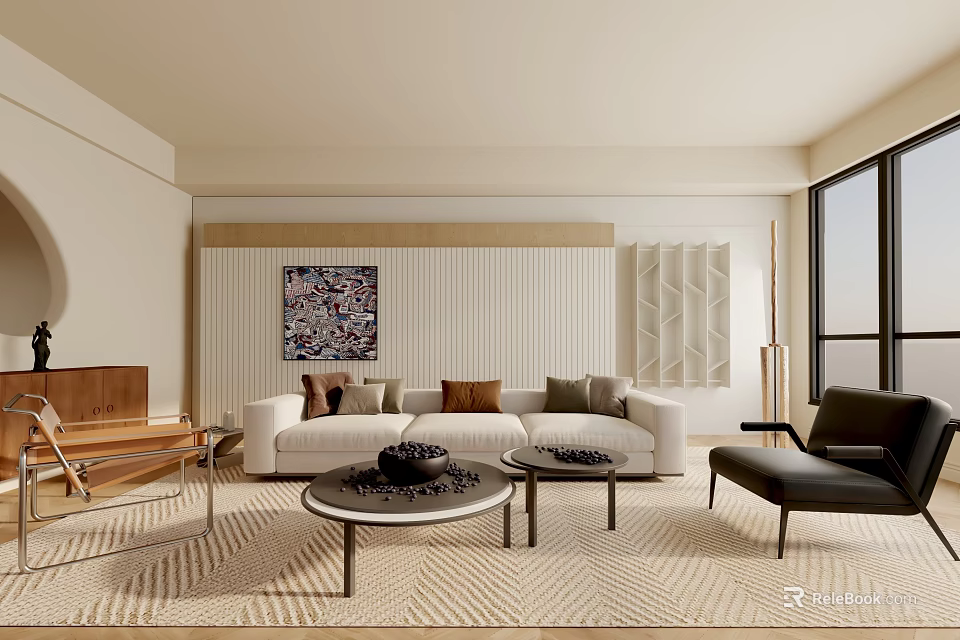 Modern Living Room Interior With White Sofa Coffee Table Woven Rug And Decorative Painting 3d model 