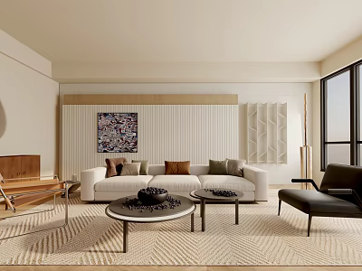 Modern Living Room Interior With White Sofa Coffee Table Woven Rug And Decorative Painting 3d model