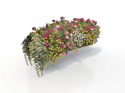 Vibrant Flower Box With Pink Red Yellow Blooms And Trailing Green Leaves 3d model
