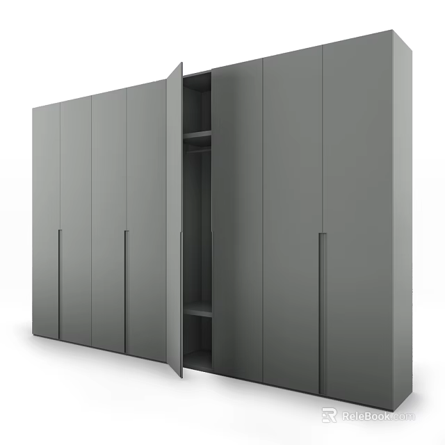 Modern Gray Wardrobe With Multiple Doors One Open And Internal Shelves 3d model