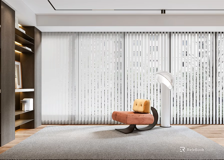 Stylish Venetian Blinds In Modern Living Room With Accent Chair Floor Lamp And Area Rug 3d model 
