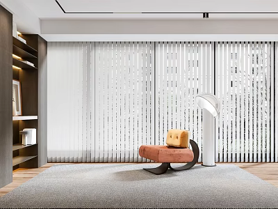 Stylish Venetian Blinds In Modern Living Room With Accent Chair Floor Lamp And Area Rug 3d model