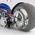 Stylish Blue And Silver Modern Motorcycle With Streamlined Body And Wide Rear Wheel